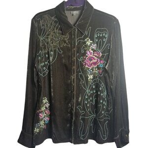 J.Jill Silk Blend Green Floral Velvet Snap Front Embroidered Shirt Sz M